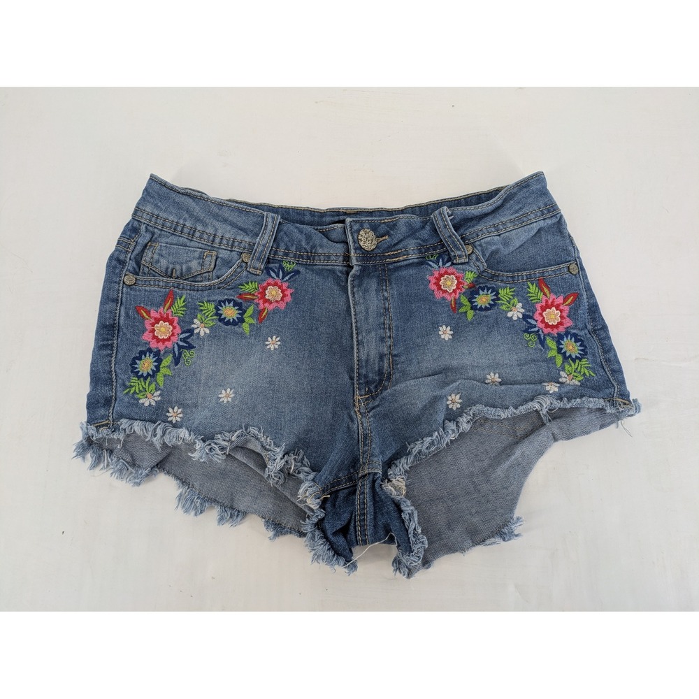 Rue 21 Curvy Jean Shorts Women 6 Distressed Raw Hem Floral Embroidered Boho Fray - Picture 1 of 9